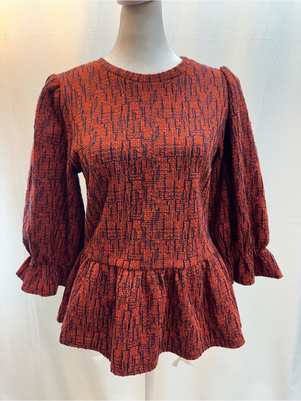 Ro & De Orange and Navy Textured Peplum Long-Sleeve Top XS